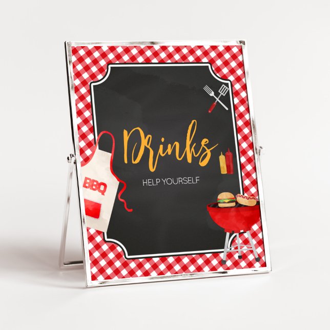 Poster Boissons Red En vichy Baby shower barbecue (Burger in the Oven Baby Shower Drinks Sign)