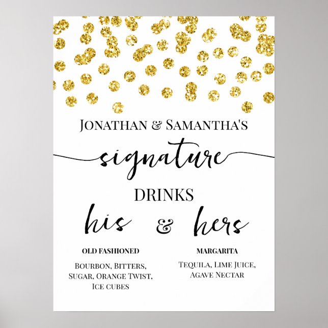 Poster Boissons Signature Points Pailletés Or Mariage (Devant)