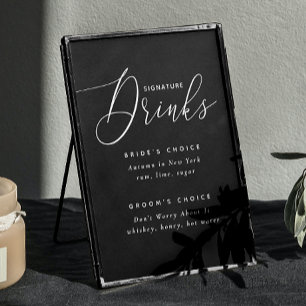 Poster Boissons signées. Mariage minimaliste élégant noir