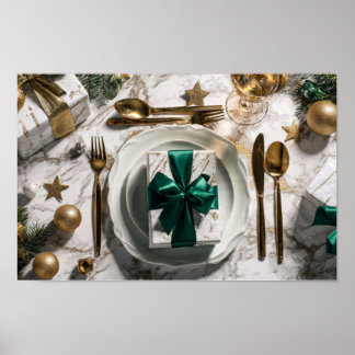 Poster Boîte cadeau de Noël avec ruban vert sur table fes