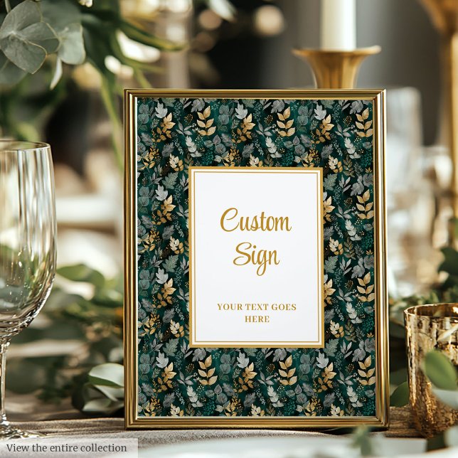 Poster Bold Hunter Green Gold Green Mariage personnalisé (Bold Hunter Green Gold Greenery Wedding Custom Sign)