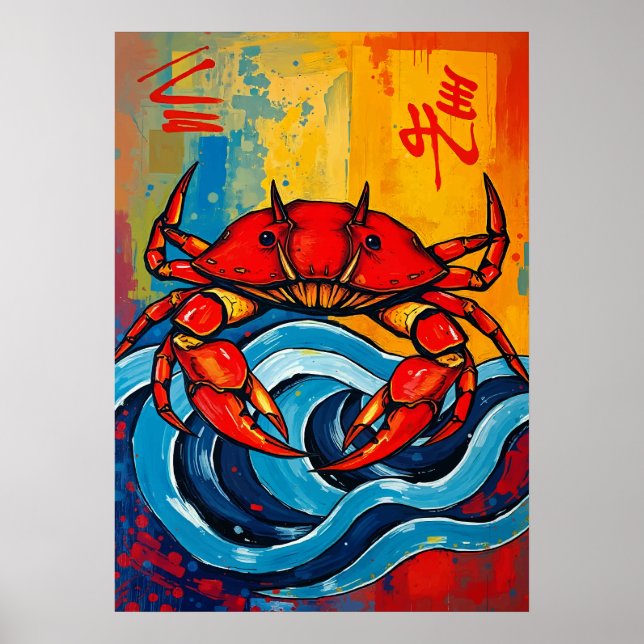 Poster Bold Red Crab Japanese Wave Art (Devant)