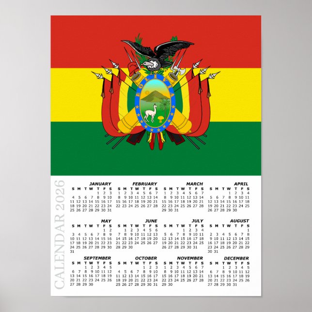Poster Bolivia 2026 Calendar, Large, Bolivian Flag (Devant)