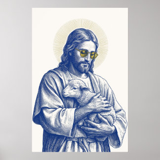 Poster Bon Pasteur avec Agneau en Lunettes de Soleil en O