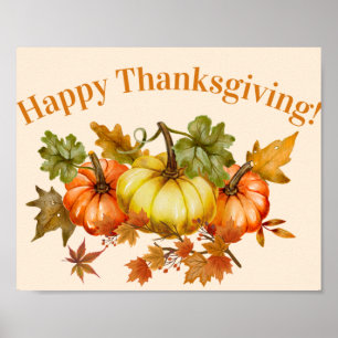 Poster Bon thanksgiving aquarelle Citrouilles et Feuilles