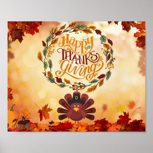 Poster Bon thanksgiving mignonne Turquie et feuilles d'au (Devant)