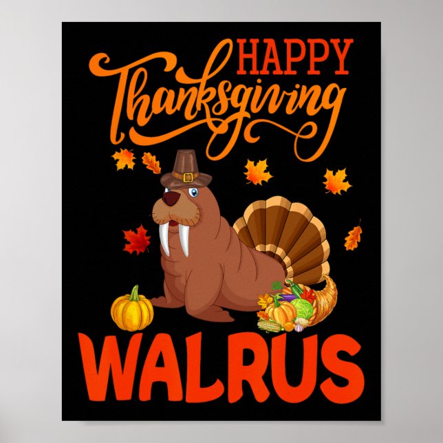 Poster Bon thanksgiving Walrus Costume Turquie Fall Leav (Devant)