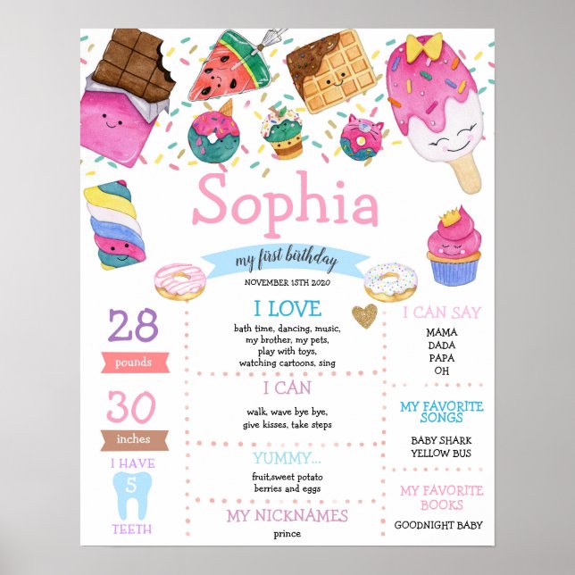 Poster Bonbons Fille Premier anniversaire Jalon (Devant)