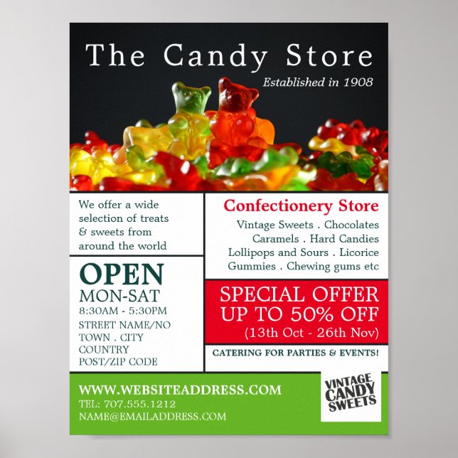 Poster Bonbons Ours Gummy, Fournitures de confiserie Adve (Devant)