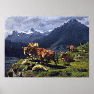 Poster Bonheur - Cattle And Sheep In An Alpine Landscape