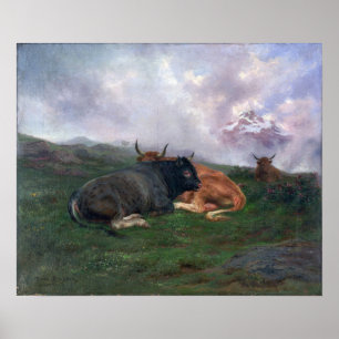 Poster Bonheur - Cattle At Rest On A Hillside In The Alps