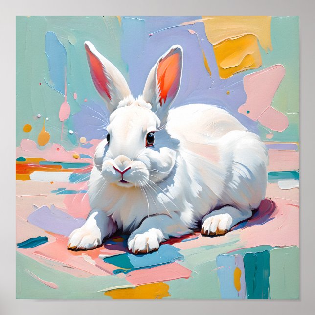 Poster Bonheur de Lapin au Pastel – Lapin Blanc Abstrait (Devant)
