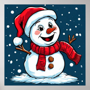 Poster Bonhomme de neige de dessin animé festif avec chap