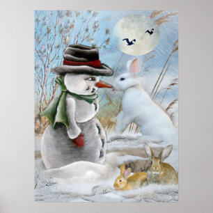 Poster bonhomme de neige et lapin mangeant de la carotte