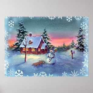 Poster BONHOMME DE NEIGE, FLOCONS DE NEIGE et TRAÎNEAU