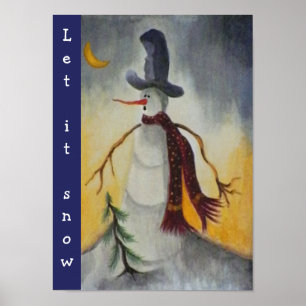 Poster Bonhomme de neige primitif d'art populaire