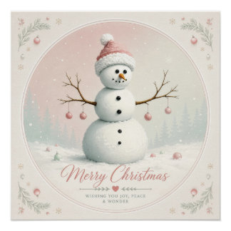 Poster Bonhomme de neige rose pastel doux Forêt d'hiver