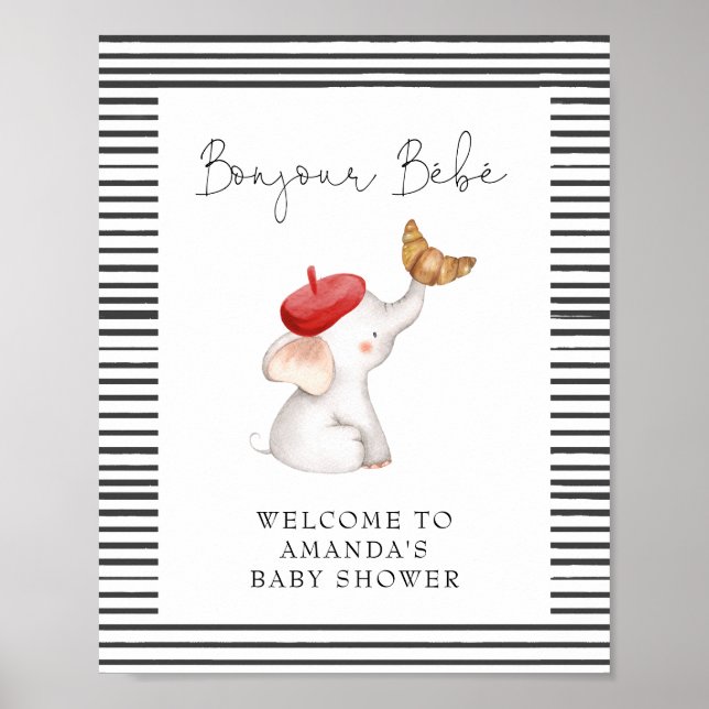 Poster Bonjour Bebe French Elephant Baby shower de bienve (Devant)
