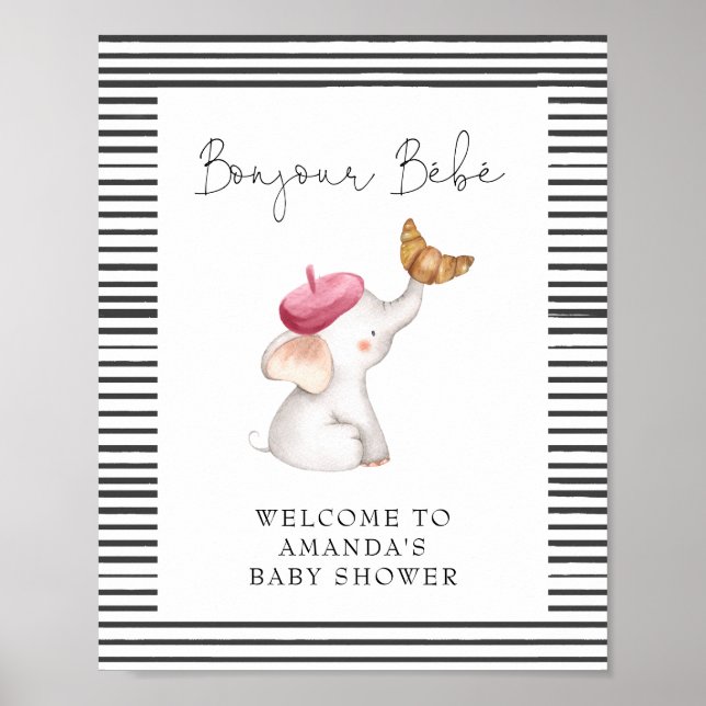 Poster Bonjour Bebe French Elephant Baby shower de bienve (Devant)