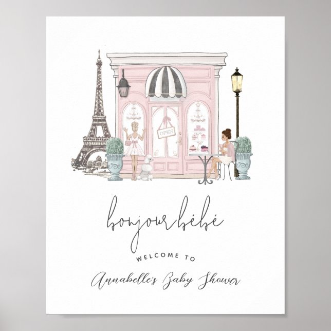 Poster Bonjour Bébé French Paris Cafe Baby Shower Welcome (Devant)