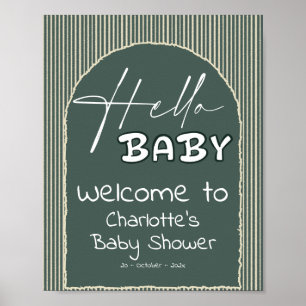 Poster Bonjour Bébé Rayures Vert Foncé Baby Shower Bienve