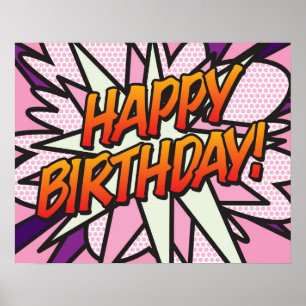 Poster BONJOUR D'ANNIVERSAIRE Bande dessinée Pop Art rose