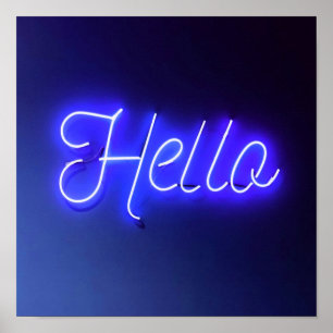 Poster Bonjour Fun Neon Bleu Signal brillant et gai