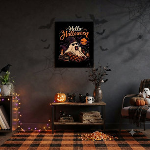 Poster Bonjour Halloween Gentil Fantôme Buvant du Café