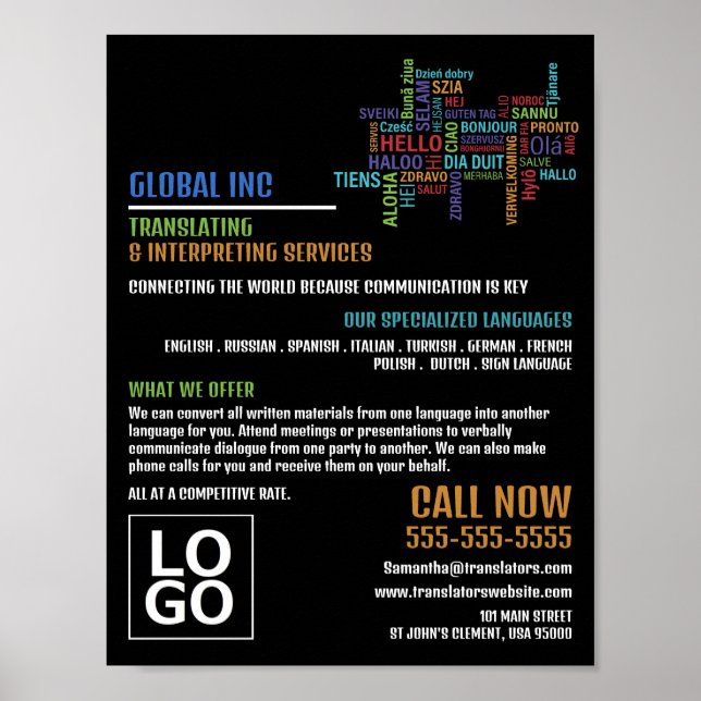 Poster Bonjour logo, traducteur et interprète (Devant)