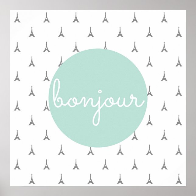 Poster Bonjour Tour Eiffel imprimé en gris (Devant)