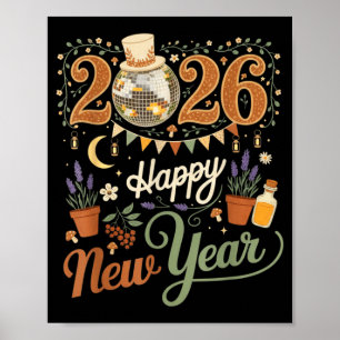 Poster Bonne année 2026 Cottagecore Disco Champignon Natu