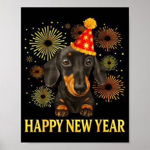 Poster Bonne année 2026 Teckel Feux d'artifice Nouvel An