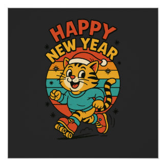 Poster Bonne année chat - Dessin animé mignon des années