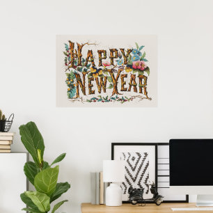 Poster Bonne année dans les troncs d'arbres, les glands e