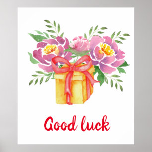 Poster Bonne chance Aquarelle pivoines mignonnes