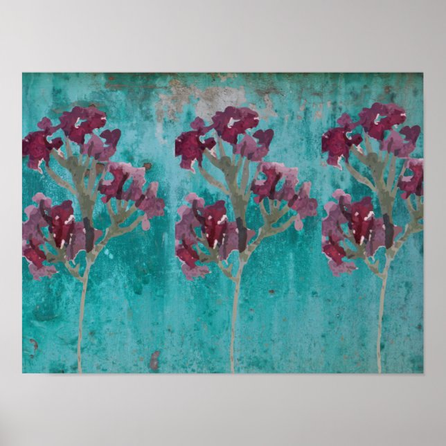 Poster Bonne chance Belle Trois Fleurs Maroon sur Bleu (Devant)