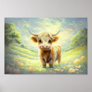 Poster Bonne Vache Des Hautes Terres Entourée De Fleurs V