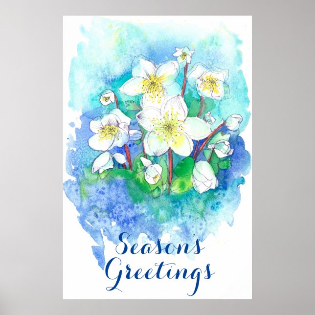 Poster Bonnes Fêtes Hellebore Fleurs de Noël (Devant)