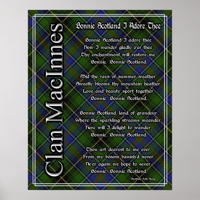Poster Bonnie Scotland J'Adore Le Clan MacInnes Tartan (Devant)