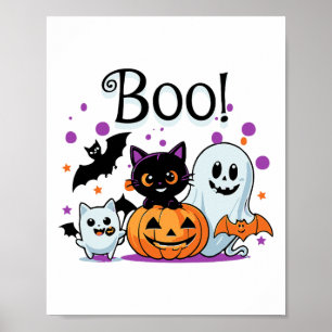 Poster Boo Ghost Citrouille Chat et chauves-souris Hallow