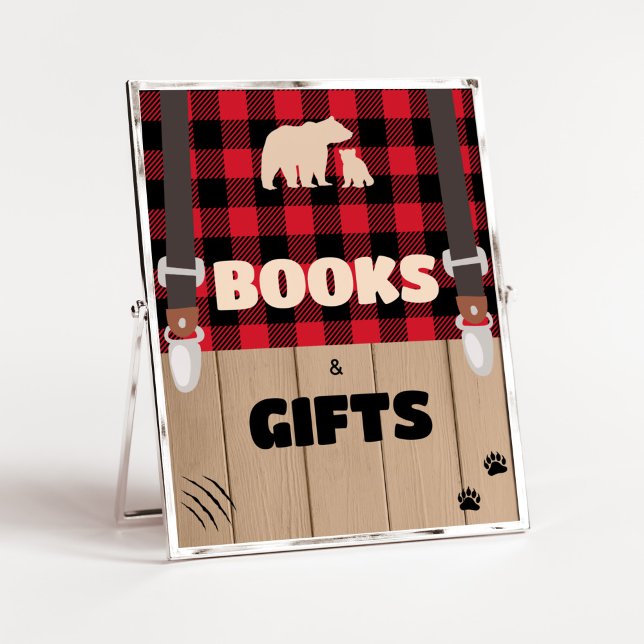 Poster Books et cadeaux Red Rustic Plaid (Plaid Lumberjack Baby Shower Books and Gifts Sign)