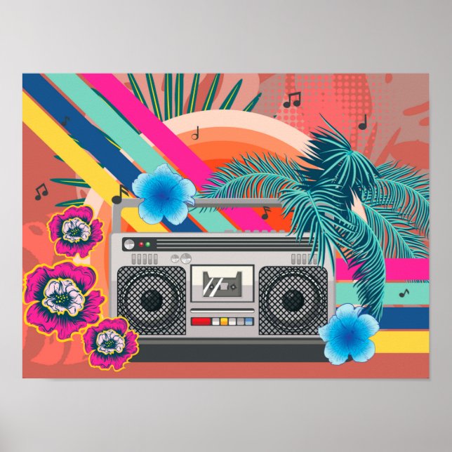 Poster Boombox avec feuilles tropicaux et fleurs (Devant)