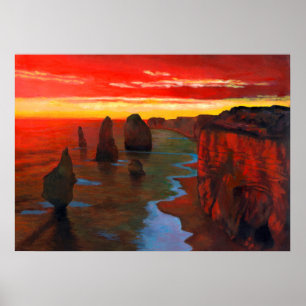 Poster Bord de la mer rocheux au coucher du soleil