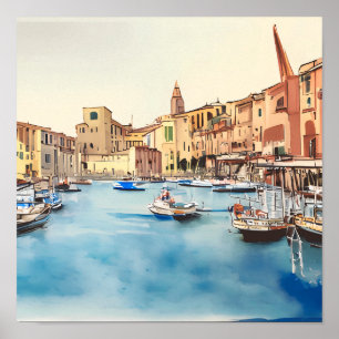 Poster Bord De Mer Et Bateaux Dans Le Port, Italien