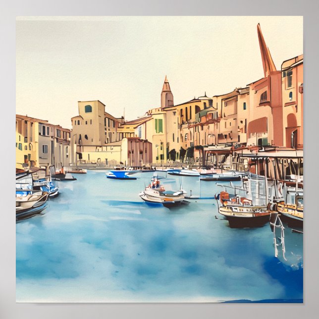 Poster Bord De Mer Et Bateaux Dans Le Port, Italien (Devant)