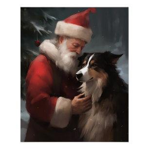 Poster Border Collie avec le Père Noël Festif Noël
