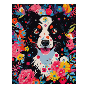 Poster Bordure Collie Chien et Fleurs 004 - Bijou sur mes