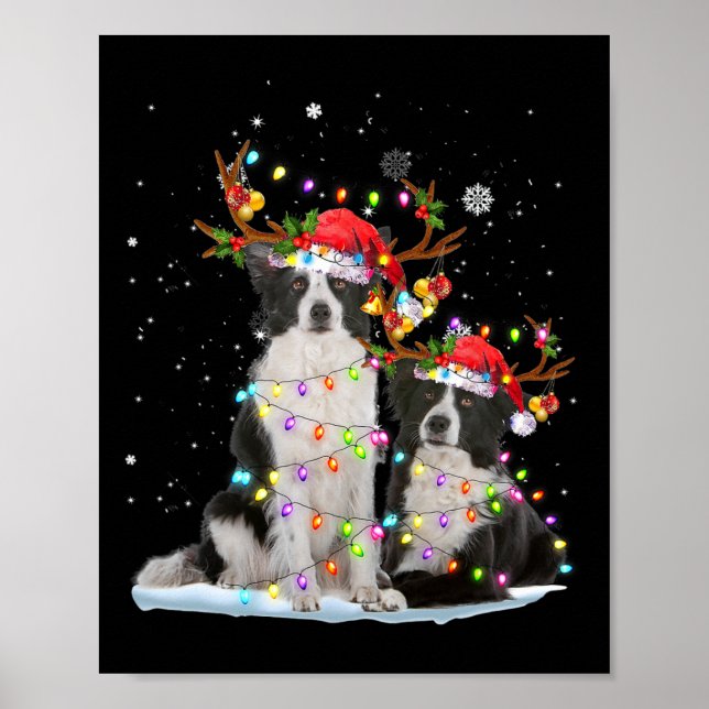 Poster Bordure Collie Reindeer Santa Hat Noël Lumières Ch (Devant)