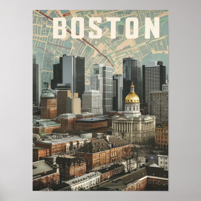 Poster Boston, Boston Massachusetts City Skyline avec car (Devant)