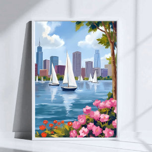 Poster Boston Harbor Printemps   Baie Bateau Skyline de l